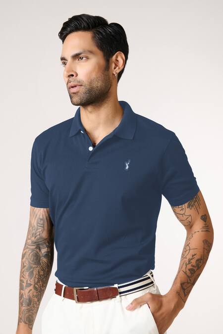 Buy_S&N By Shantnu Nikhil_Blue Embroidery Prussian Slim Fit T-shirt_Online_at_Aza_Fashions