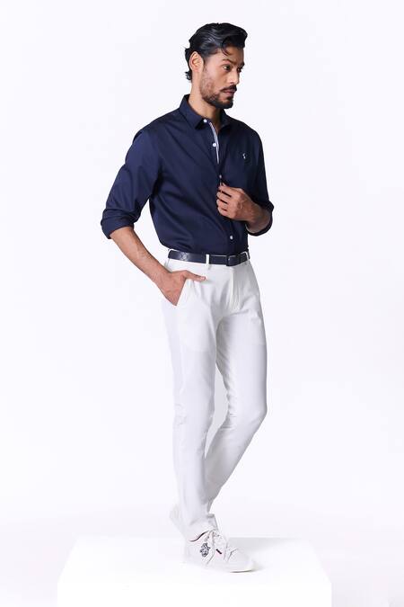 S&N By Shantnu Nikhil_Blue Cotton, Lycra Embroidery Navy Slim Fit Designer Shirt_Online_at_Aza_Fashions