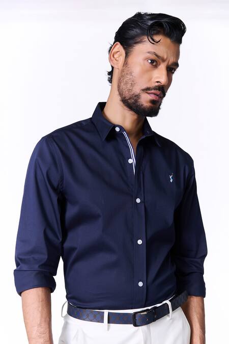 Buy_S&N By Shantnu Nikhil_Blue Cotton, Lycra Embroidery Navy Slim Fit Designer Shirt_Online_at_Aza_Fashions