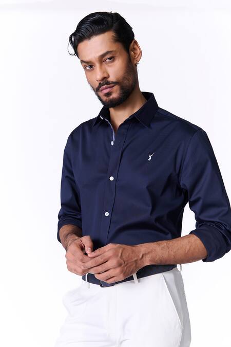 Shop_S&N By Shantnu Nikhil_Blue Cotton, Lycra Embroidery Navy Slim Fit Designer Shirt_Online_at_Aza_Fashions