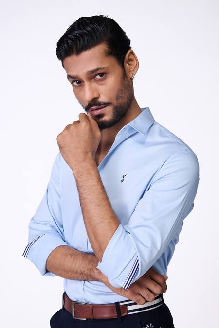 Shop_S&N By Shantnu Nikhil_Blue Cotton, Lycra Embroidery Light Slim Fit Designer Shirt_Online_at_Aza_Fashions