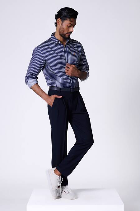 Buy_S&N By Shantnu Nikhil_Navy Cotton Embroidery Striped Slim Fit Shirt_Online_at_Aza_Fashions