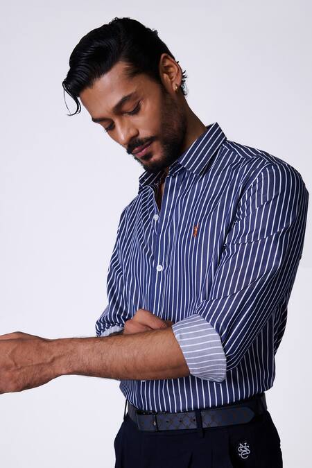 Shop_S&N By Shantnu Nikhil_Navy Cotton Embroidery Striped Slim Fit Shirt_Online_at_Aza_Fashions