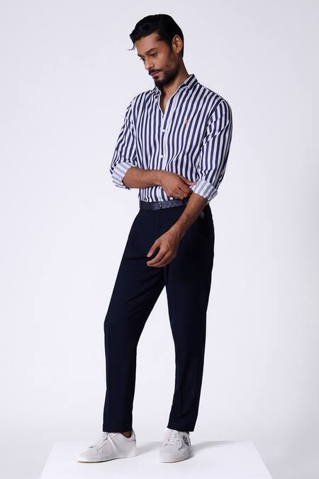 S&N By Shantnu Nikhil_Blue Cotton Embroidery Navy Striped Designer Shirt_Online_at_Aza_Fashions