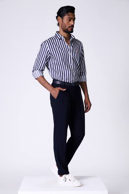 Buy_S&N By Shantnu Nikhil_Blue Cotton Embroidery Navy Striped Designer Shirt_Online_at_Aza_Fashions