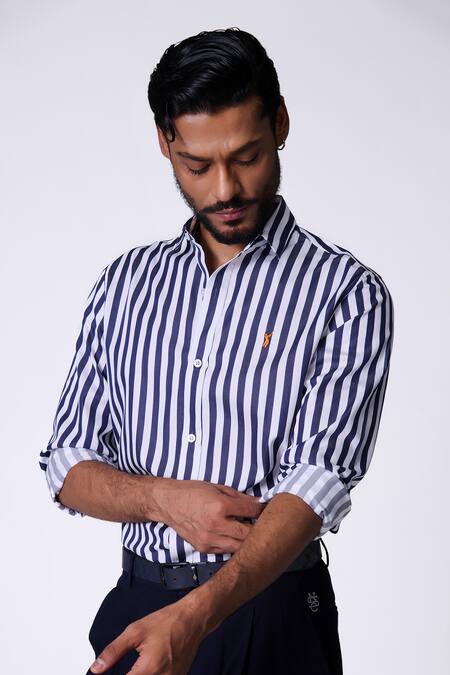 Shop_S&N By Shantnu Nikhil_Blue Cotton Embroidery Navy Striped Designer Shirt_Online_at_Aza_Fashions