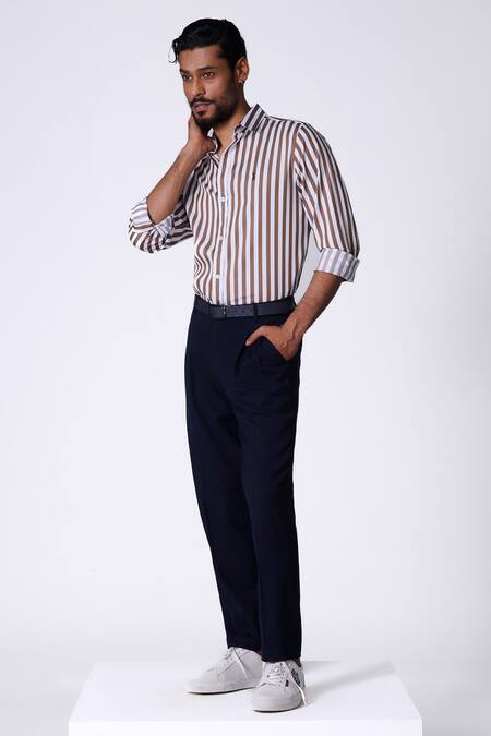 S&N By Shantnu Nikhil Brown Cotton Embroidery Striped Designer Shirt Online at Aza Fashions S&N By Shantnu Nikhil_Brown Cotton Embroidery Striped Designer Shirt_Online_at_Aza_Fashions