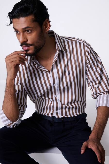 Shop S&N By Shantnu Nikhil Brown Cotton Embroidery Striped Designer Shirt Online at Aza Fashions Shop_S&N By Shantnu Nikhil_Brown Cotton Embroidery Striped Designer Shirt_Online_at_Aza_Fashions
