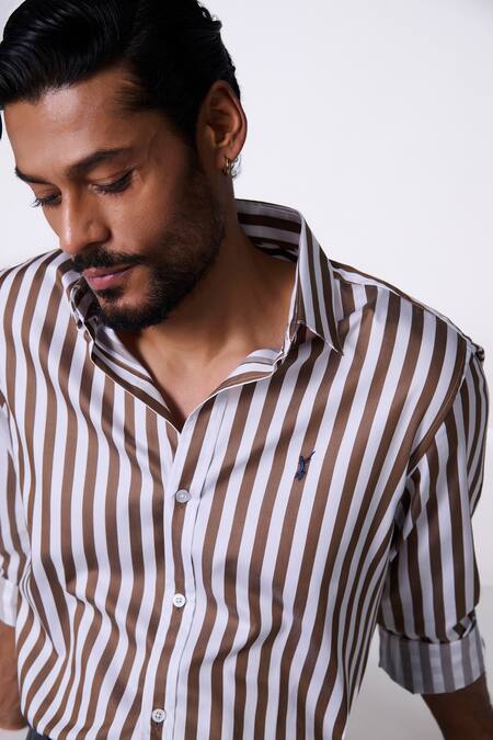 S&N By Shantnu Nikhil Brown Cotton Embroidery Striped Designer Shirt at Aza Fashions S&N By Shantnu Nikhil_Brown Cotton Embroidery Striped Designer Shirt_at_Aza_Fashions