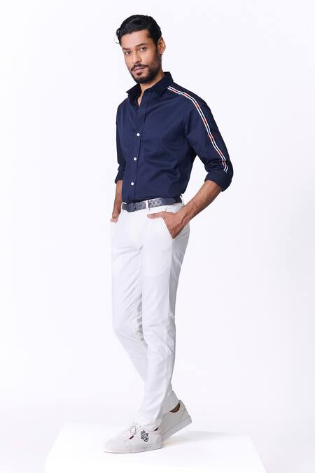 S&N By Shantnu Nikhil_Blue Cotton, Lycra Navy Striped Piping Slim Fit Shirt_Online_at_Aza_Fashions