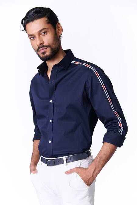 Buy_S&N By Shantnu Nikhil_Blue Cotton, Lycra Navy Striped Piping Slim Fit Shirt_Online_at_Aza_Fashions
