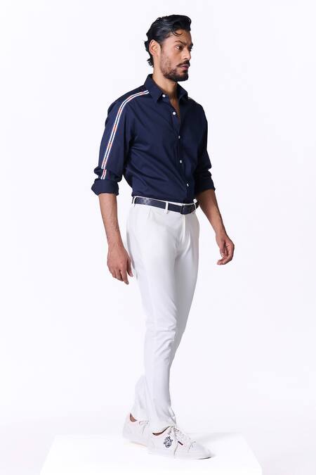 Shop_S&N By Shantnu Nikhil_Blue Cotton, Lycra Navy Striped Piping Slim Fit Shirt_Online_at_Aza_Fashions