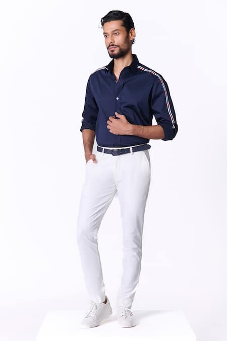 S&N by Shantnu Nikhil Navy Striped Piping Slim Fit Shirt 