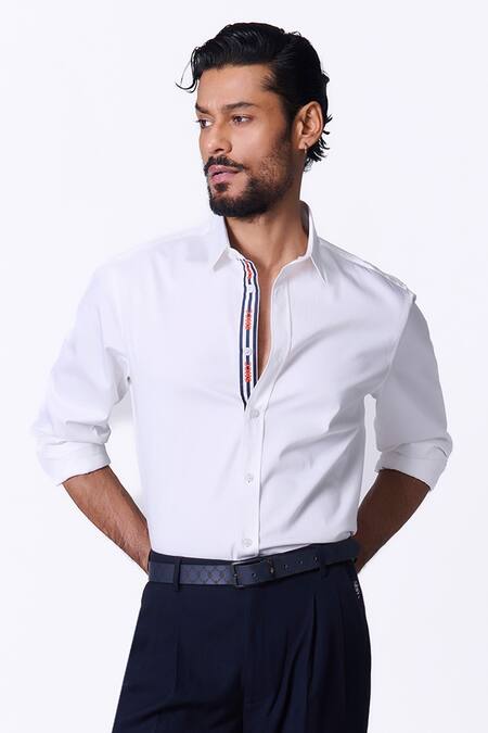 Shop_S&N By Shantnu Nikhil_White Cotton, Lycra Slim Fit Designer Shirt_Online_at_Aza_Fashions