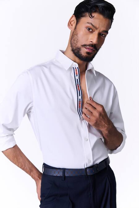 S&N By Shantnu Nikhil_White Cotton, Lycra Slim Fit Designer Shirt_at_Aza_Fashions