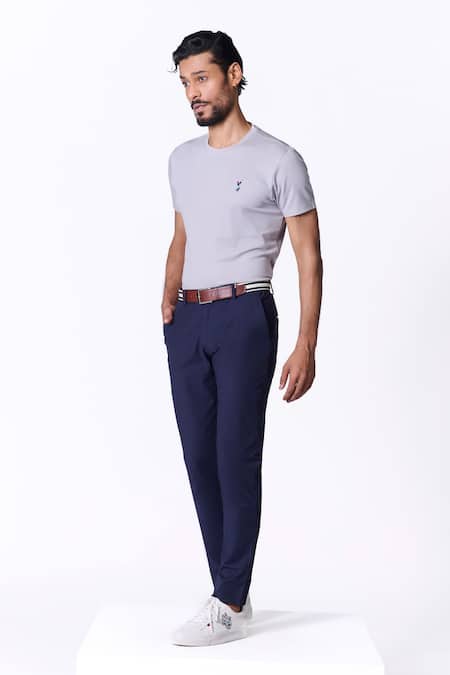 S&N By Shantnu Nikhil_Blue Spandex Embroidery Navy Slim Fit Trouser_Online_at_Aza_Fashions