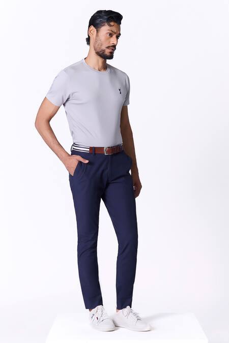 Buy_S&N By Shantnu Nikhil_Blue Spandex Embroidery Navy Slim Fit Trouser_Online_at_Aza_Fashions