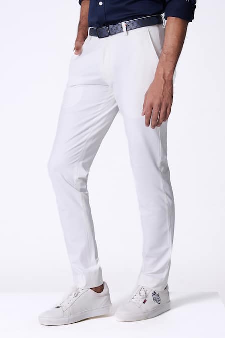 Buy_S&N By Shantnu Nikhil_White Spandex Slim Fit Trouser_Online_at_Aza_Fashions