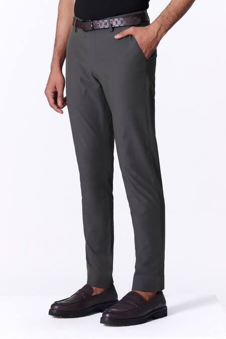 S&N By Shantnu Nikhil_Gray Spandex Embroidery Olive Slim Fit Trouser_Online_at_Aza_Fashions
