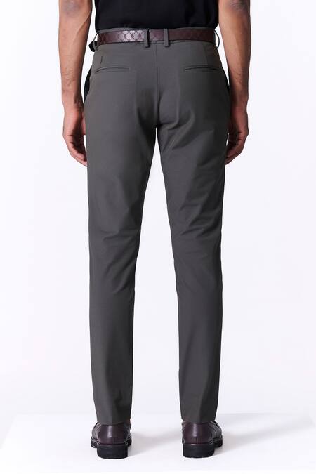 Buy_S&N By Shantnu Nikhil_Gray Spandex Embroidery Olive Slim Fit Trouser_Online_at_Aza_Fashions