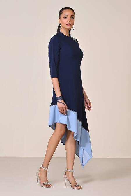 S&N By Shantnu Nikhil Blue Viscose, Spandex, Jersey Embroidery Round Neck Denim Dress Online at Aza Fashions S&N By Shantnu Nikhil_Blue Viscose, Spandex, Jersey Embroidery Round Neck Denim Dress_Online_at_Aza_Fashions