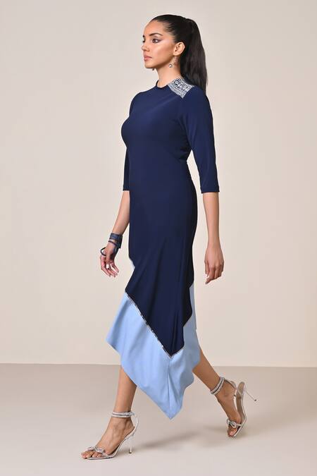 Buy S&N By Shantnu Nikhil Blue Viscose, Spandex, Jersey Embroidery Round Neck Denim Dress Online at Aza Fashions Buy_S&N By Shantnu Nikhil_Blue Viscose, Spandex, Jersey Embroidery Round Neck Denim Dress_Online_at_Aza_Fashions