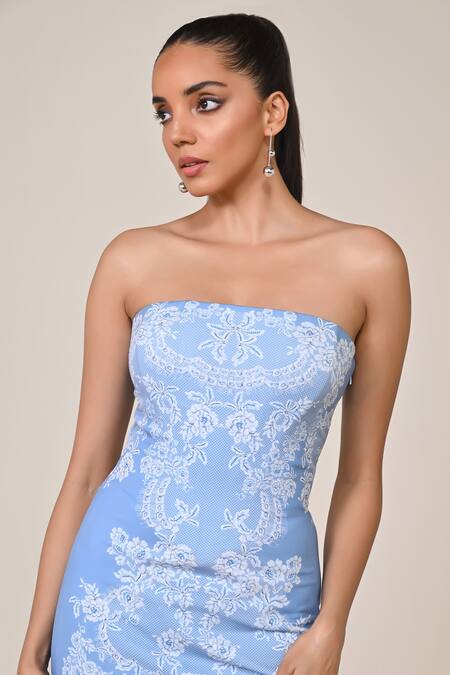 Shop_S&N By Shantnu Nikhil_Blue Jersey, Spandex Light Acanthus Print Dress_Online_at_Aza_Fashions