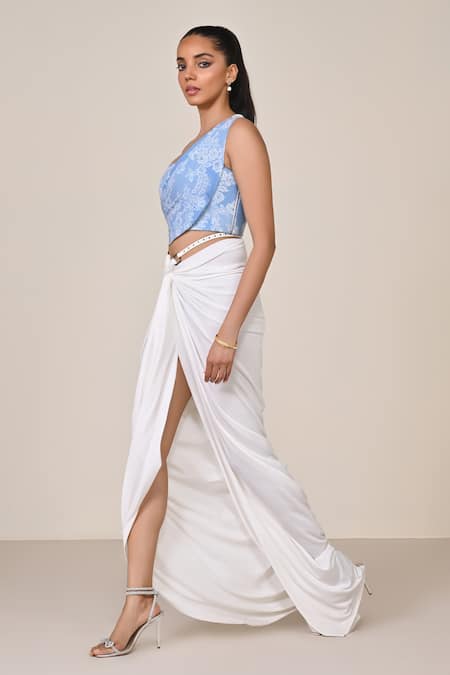 Buy_S&N By Shantnu Nikhil_Blue Jersey, Spandex Asymmetric Light Designer Top_Online_at_Aza_Fashions