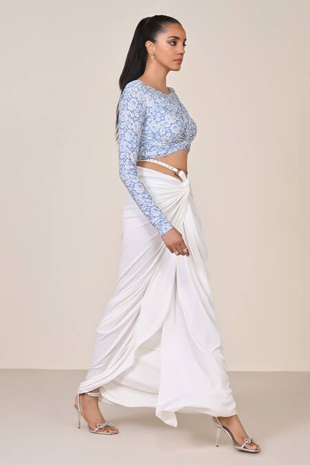 Buy S&N By Shantnu Nikhil Blue Jersey, Spandex Boat Neck Light Designer Top With Patchwork Online at Aza Fashions Buy_S&N By Shantnu Nikhil_Blue Jersey, Spandex Boat Neck Light Designer Top With Patchwork_Online_at_Aza_Fashions