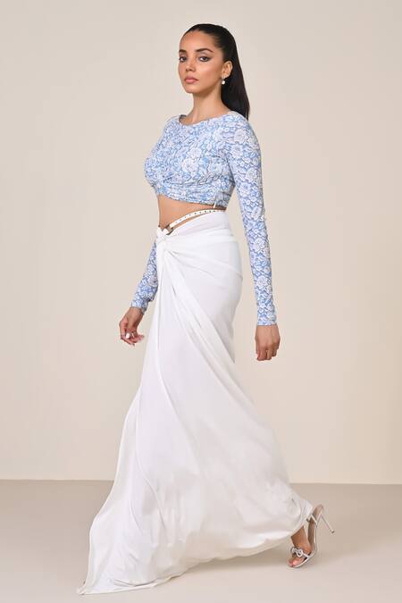 Shop S&N By Shantnu Nikhil Blue Jersey, Spandex Boat Neck Light Designer Top With Patchwork Online at Aza Fashions Shop_S&N By Shantnu Nikhil_Blue Jersey, Spandex Boat Neck Light Designer Top With Patchwork_Online_at_Aza_Fashions