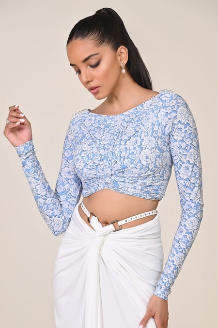 S&N By Shantnu Nikhil Blue Jersey, Spandex Boat Neck Light Designer Top With Patchwork at Aza Fashions S&N By Shantnu Nikhil_Blue Jersey, Spandex Boat Neck Light Designer Top With Patchwork_at_Aza_Fashions