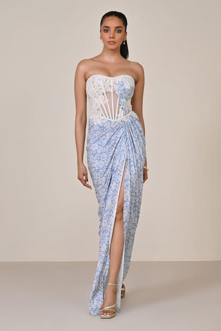S&N by Shantnu Nikhil Light Blue Applique Corset Gown 