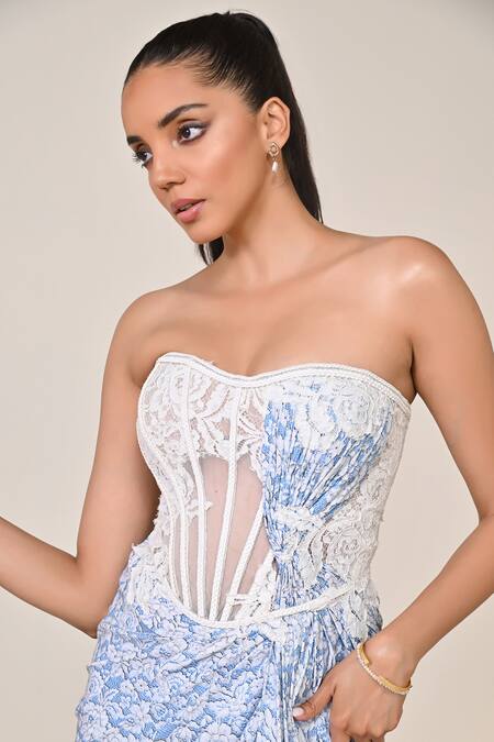 Shop S&N By Shantnu Nikhil Blue Jersey, Spandex, Lace Embroidery Sweetheart Light Applique Corset Gown Online at Aza Fashions Shop_S&N By Shantnu Nikhil_Blue Jersey, Spandex, Lace Embroidery Sweetheart Light Applique Corset Gown_Online_at_Aza_Fashions