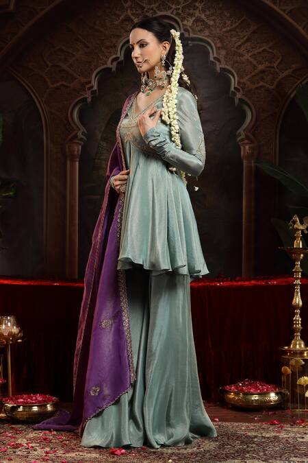 Buy_Miku Kumar_Green Tissue, Organza Embroidery V-neck Sea Neer Sharara Set _Online_at_Aza_Fashions