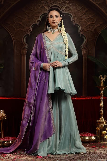 Miku Kumar Green Tissue, Organza Embroidery V-neck Sea Neer Sharara Set 