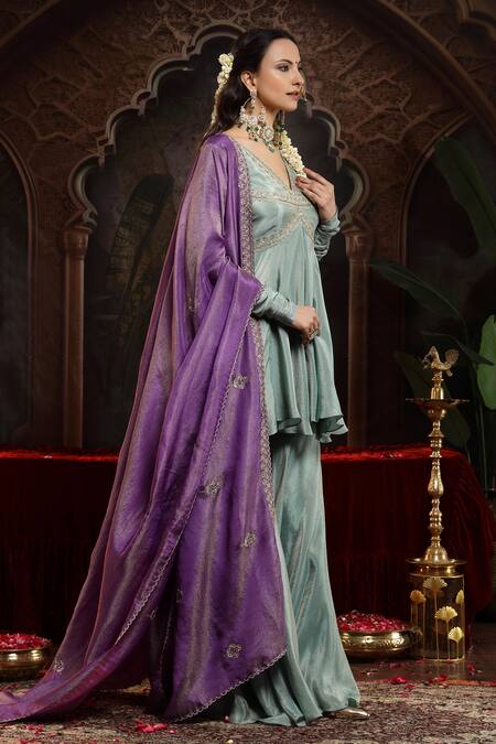 Miku Kumar_Green Tissue, Organza Embroidery V-neck Sea Neer Sharara Set _at_Aza_Fashions