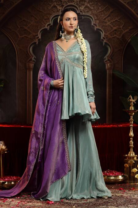 Buy_Miku Kumar_Green Tissue, Organza Embroidery V-neck Sea Neer Sharara Set 