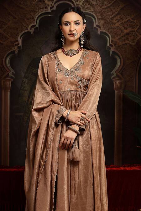 Miku Kumar_Brown Tissue, Organza Embroidery V-neck Lavanya Anarkali Set _Online_at_Aza_Fashions