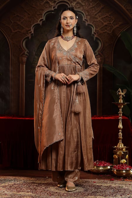 Miku Kumar Brown Tissue, Organza Embroidery V-neck Lavanya Anarkali Set 