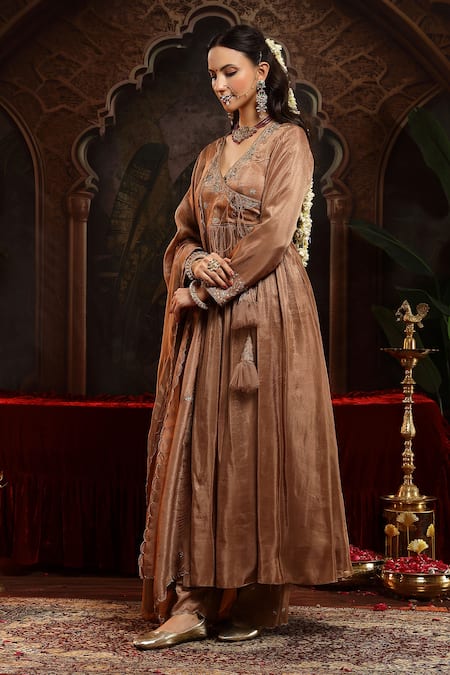 Buy_Miku Kumar_Brown Tissue, Organza Embroidery V-neck Lavanya Anarkali Set _Online_at_Aza_Fashions