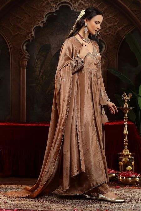 Shop_Miku Kumar_Brown Tissue, Organza Embroidery V-neck Lavanya Anarkali Set _Online_at_Aza_Fashions
