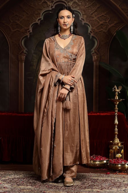 Miku Kumar_Brown Tissue, Organza Embroidery V-neck Lavanya Anarkali Set _at_Aza_Fashions