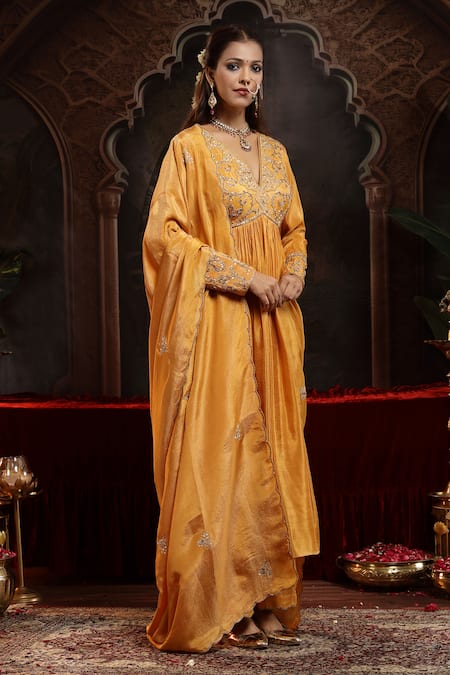 Buy_Miku Kumar_Yellow Tissue, Organza Embroidery V-neck Mustard Hand Anarkali Set _Online_at_Aza_Fashions