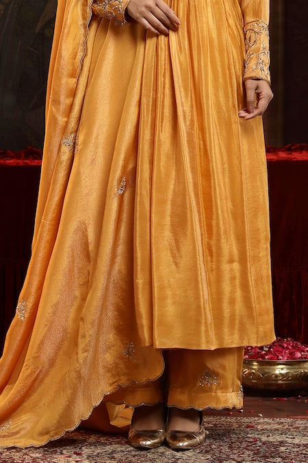 Shop_Miku Kumar_Yellow Tissue, Organza Embroidery V-neck Mustard Hand Anarkali Set _Online_at_Aza_Fashions