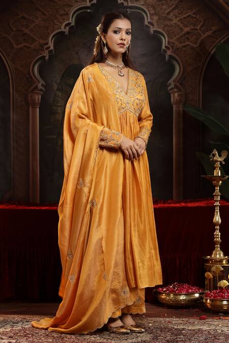 Miku Kumar_Yellow Tissue, Organza Embroidery V-neck Mustard Hand Anarkali Set _at_Aza_Fashions