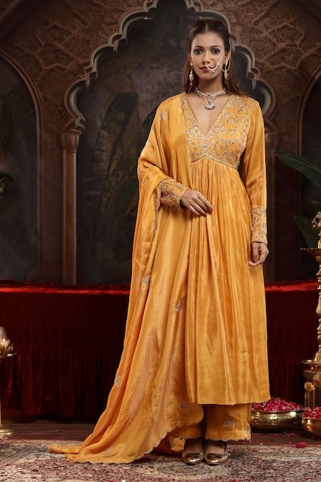Miku Kumar Yellow Tissue, Organza Embroidery V-neck Mustard Hand Anarkali Set 