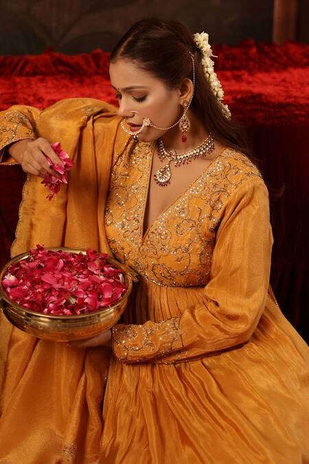 Shop_Miku Kumar_Yellow Tissue, Organza Embroidery V-neck Mustard Hand Anarkali Set 