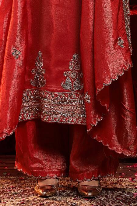 Miku Kumar_Red Tissue, Organza Embroidery Round Neck Prisha Suit Set _Online_at_Aza_Fashions