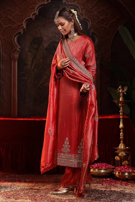 Buy_Miku Kumar_Red Tissue, Organza Embroidery Round Neck Prisha Suit Set _Online_at_Aza_Fashions
