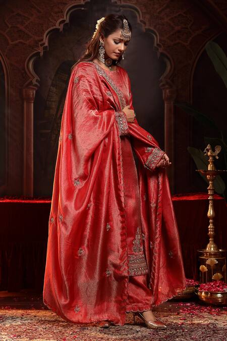 Shop_Miku Kumar_Red Tissue, Organza Embroidery Round Neck Prisha Suit Set _Online_at_Aza_Fashions